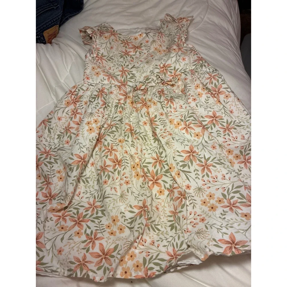 Catherine Malandrino Girls Floral Ruffle Sleeve Dress Size 5T Peach Green White